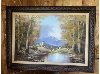 European Alps Mountain Stream Oil Painting On Canvas Signed M.L. Woelk - Vintage