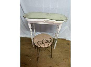 Vintage Painted White Dressing Table & Wire Seat