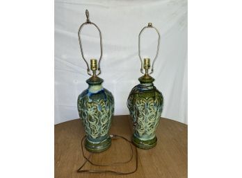 Pair Of Vintage Green Ceramic Mid-Century Table Lamps