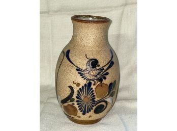 Vintage Mexico Hand Thrown Pottery Vase - Painted Bird