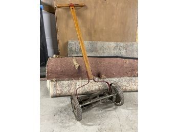 Antique 'Defiance' Wood With Red Metal Push Reel Lawn Mower