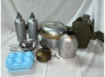 Vintage Camping Lot - Canteens, Svea 123 Stove, Army Belt And More
