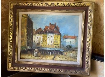 Vintage Framed Oil Painting On Canvas - European Market Street Scene - Great Colors