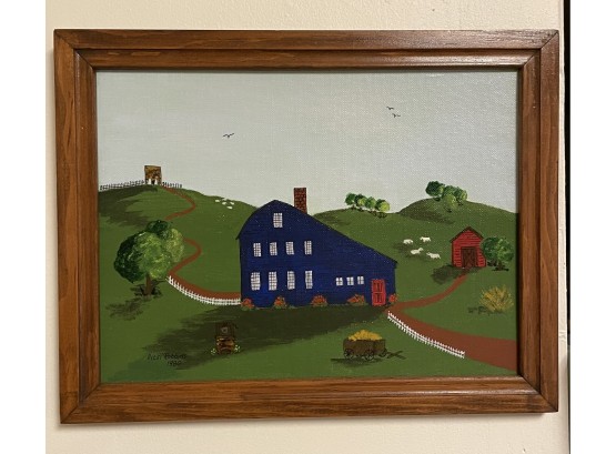 'Grandpa's Blue House' Cute Primitive Painting By Vicki Robbins 1980 Newport, RI