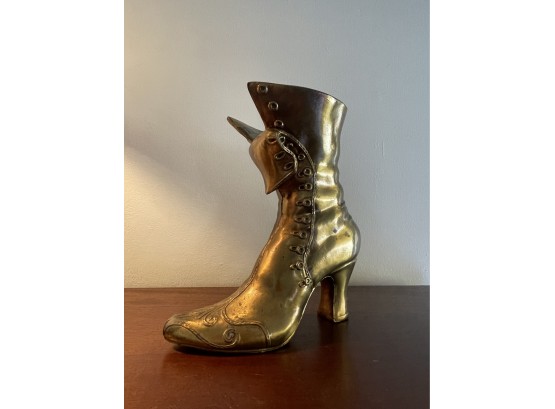 Brass Tone Metal Antique Style Boot, Shoe Vase (9' Tall)