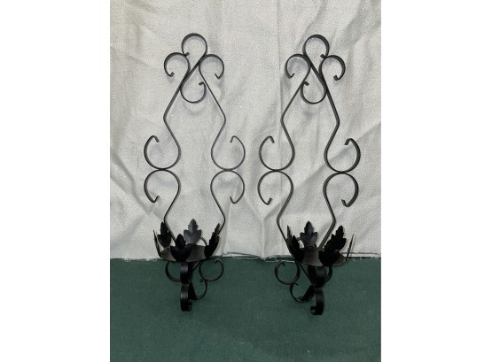 Pair Of Black Scrolled Iron Wall Sconce Candle Holders