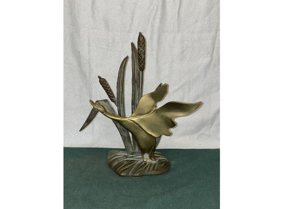 Unique Brass & Bronze Flying Duck & Cattails Sculpture