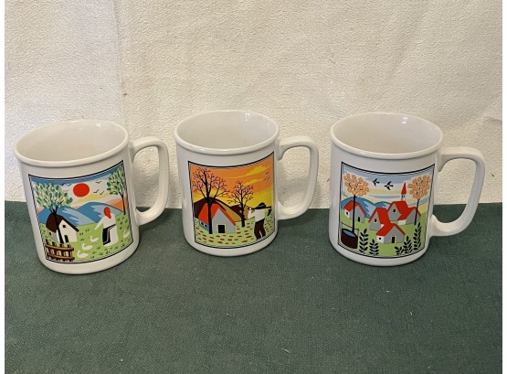 Set Of 3 Vintage Country Scene Coffee Mugs - Made In Japan