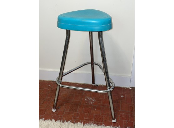 Vintage Chrome Stool With Turquoise Seat - Mid Century