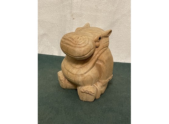 Cute Carved Wood Smiling Happy Hippo