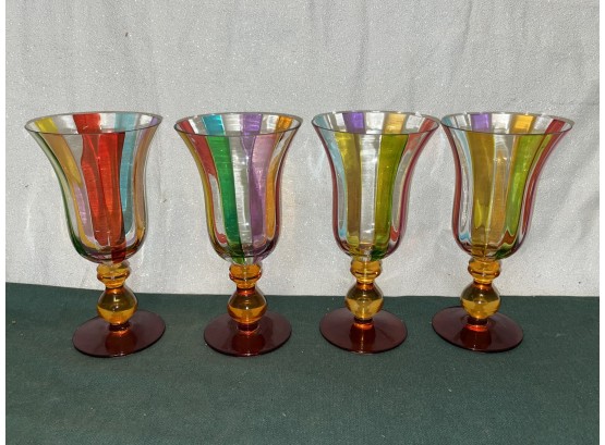 Set Of 4 Rainbow Colored Goblets, Wine Glasses