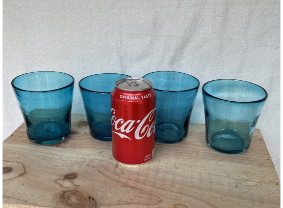 Set Of 4 Aqua Blue Blown Glass Tumblers - Mexico Art Glass