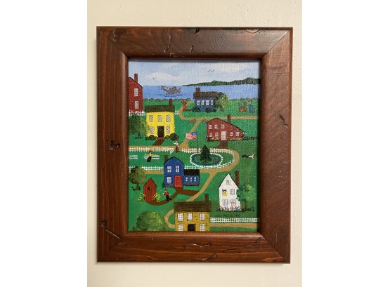 'Mid-Day In The Village' Cute Primitive Painting By Vicki Robbins 1980 Newport, RI