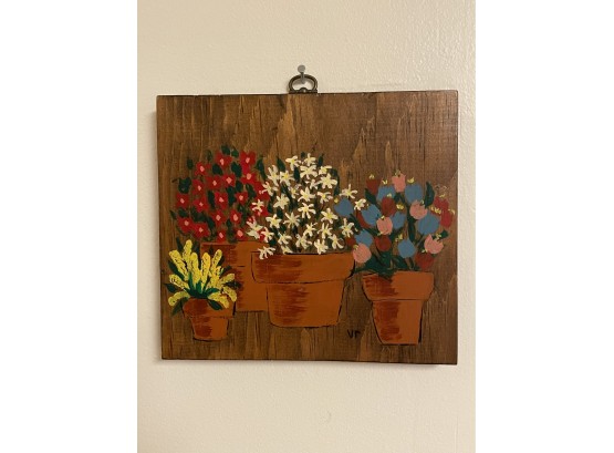 Vicki Robbins (Newport, RI) Folk Art Floral Painted Wooden Plaque