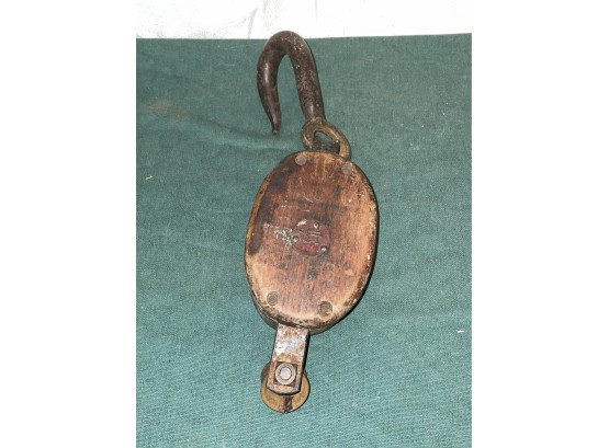 Antique Barn Pulley With Hook - Anvil Motif