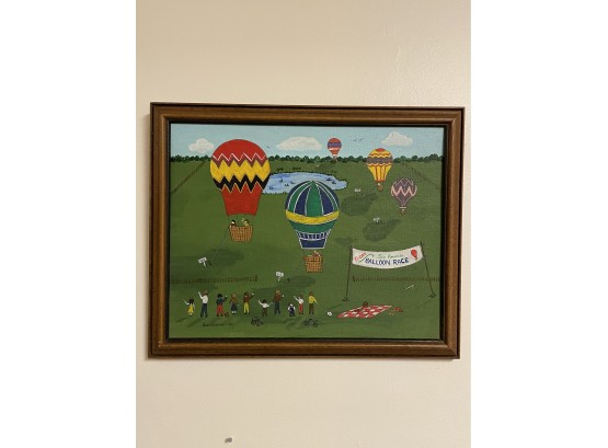 'Balloon Race' Cute Primitive Painting By Vicki Robbins 1980 Newport, RI