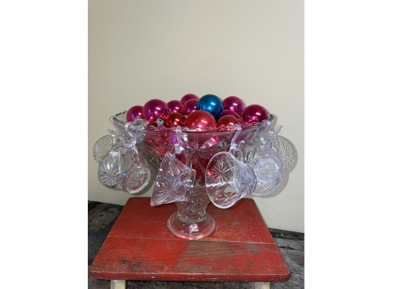 Punch Bowl Set With About 40 Glass Christmas Ornaments