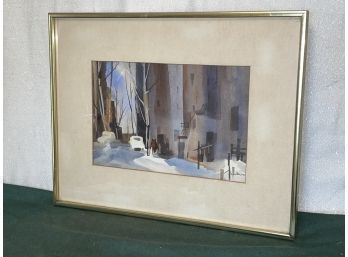 'Snowy City Streetscape' Watercolor Painting - Margery Soroka, AWS Listed Artist