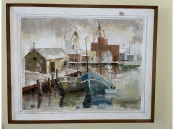 Vesta Milnes Oil Painting Of Boats In Harbor - Framed Canvas, Signed Mid-Century
