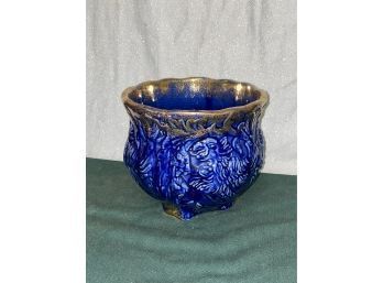 Antique J.B. Owens Art Pottery Jardiniere Flower Pot - Cobalt Blue & Gold Accent