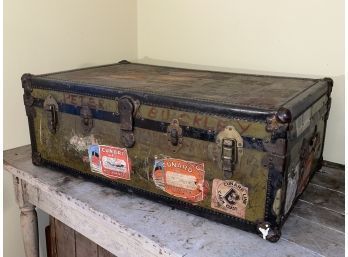 Antique Steamer Trunk Loaded With Cool Cunard Luggage Labels