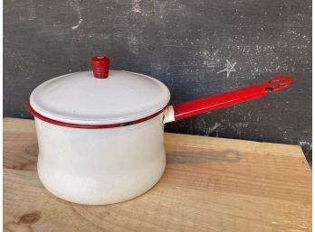 Red & White Enamel Pot With Lid