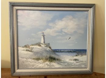 Lighthouse At The Seashore Painting Signed Addison