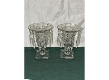 Pair Of Glass Vases With Hanging Crystals