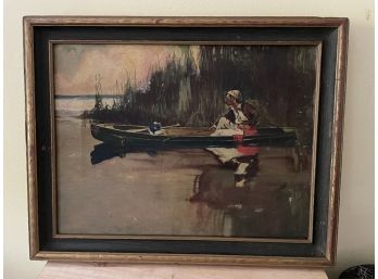 Antique Fishing From Canoe Oil Painting On Canvas - Hunting Cabin Art