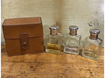 Set Of 3 Aramis Fragrance, Perfume Bottles In Leather Case