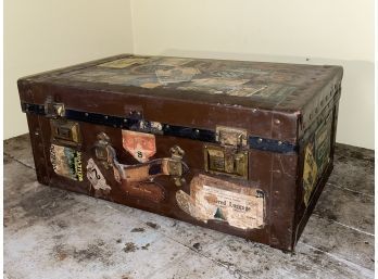Small Metal Covered Steamer Trunk With Cool Old Travel, Luggage Labels