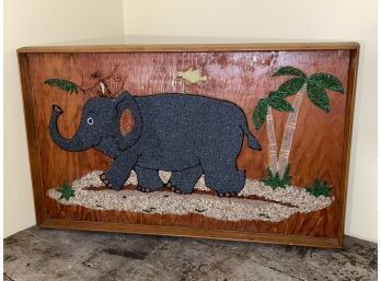 Cute Elephant & Monkey Peddle Art On Large Wood Panel - Mid Century Decor
