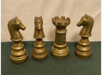 Lot Of 4 Oversized Vintage Brass Chess Pieces - Knights & Castle