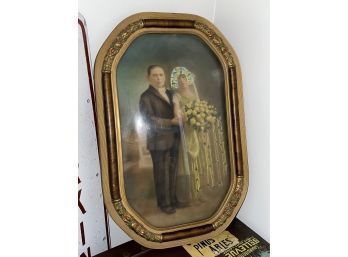 Young Couple Antique Wedding Photo In Convex Glass Frame