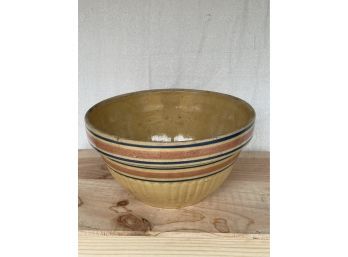 Antique Yellow Ware Mixing Bowl With Blue & Pink Stripes