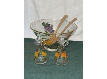 Vintage Hand Painted Glass Salad Server Set - Bowl, Tongs, Oil & Vinegar Cruets