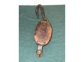 Antique Barn Pulley With Hook - Anvil Motif