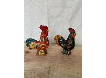 (2) Swedish Painted Wood Roosters - Nils Olsson - Made In Sweden