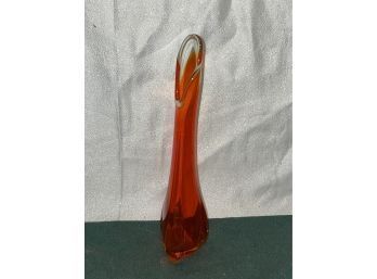 Orangey Red 11' Tall Swung, Stretch Glass Vase - Mid Century Art Glass