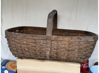 Antique Woven Gathering Basket With Cool Handle Repair