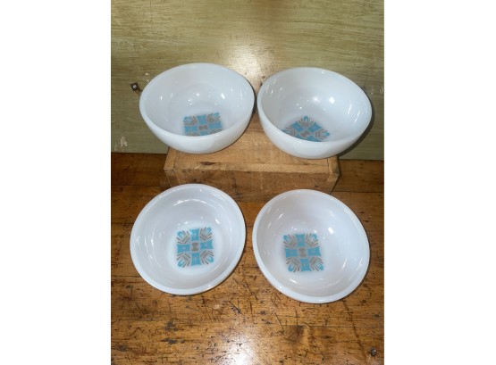 Set Of 4 'Blue Heaven' Milk Glass Chili, Cereal Bowls Mid-Century Retro Dinnerware