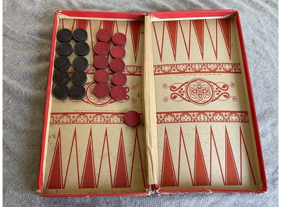 Antique Milton Bradley Cardboard Checkers/Backgammon Board With Sandy Andy Wood Pieces
