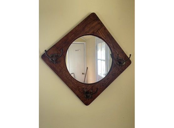 Antique Oak Frame Round Mirror With 3 Coat Hooks, Coat Rack