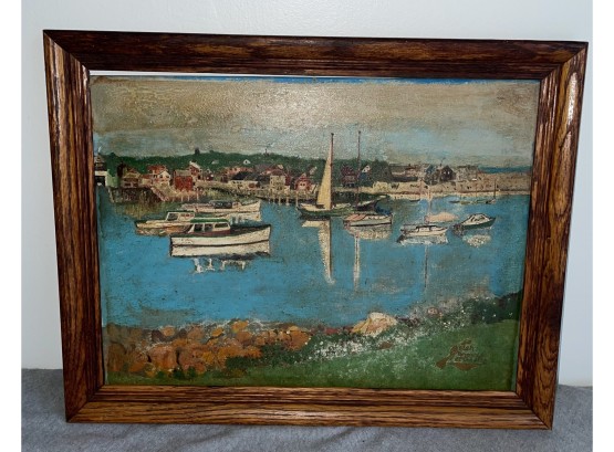'Moored Boats In The Bay' Vintage Oil Painting