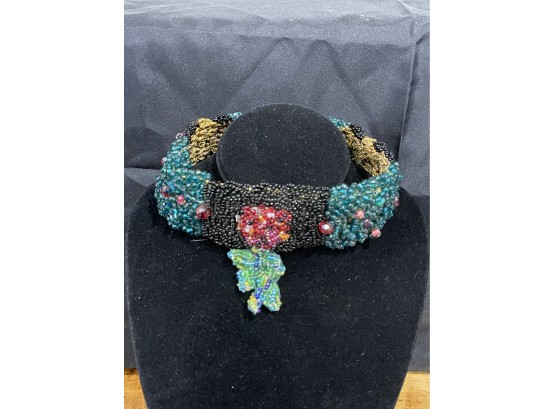 Intricately Beaded Vintage Choker, Collar Necklace With Flower Center