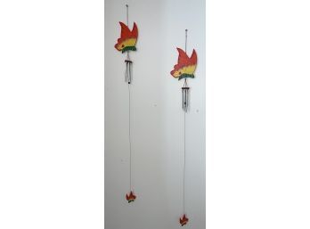 (2) Very Long Carved Wood Butterfly Wind Chimes