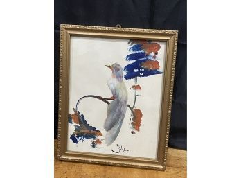 Vintage Real Feather Bird Painting In Frame (#1 Looking Left)