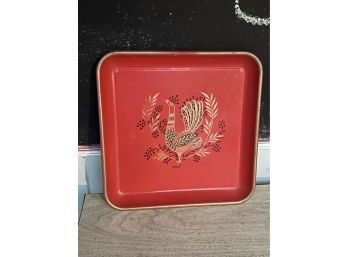 Vintage Painted Peacock Metal Tray - Red, Black & Gold Mid-Century