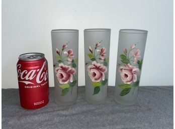 (3) Vintage Tall Frosted Glasses - Hand Painted Flowers