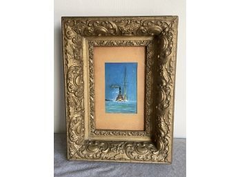 1908 Antique Ship Painting In Amazing Thick Gold Frame